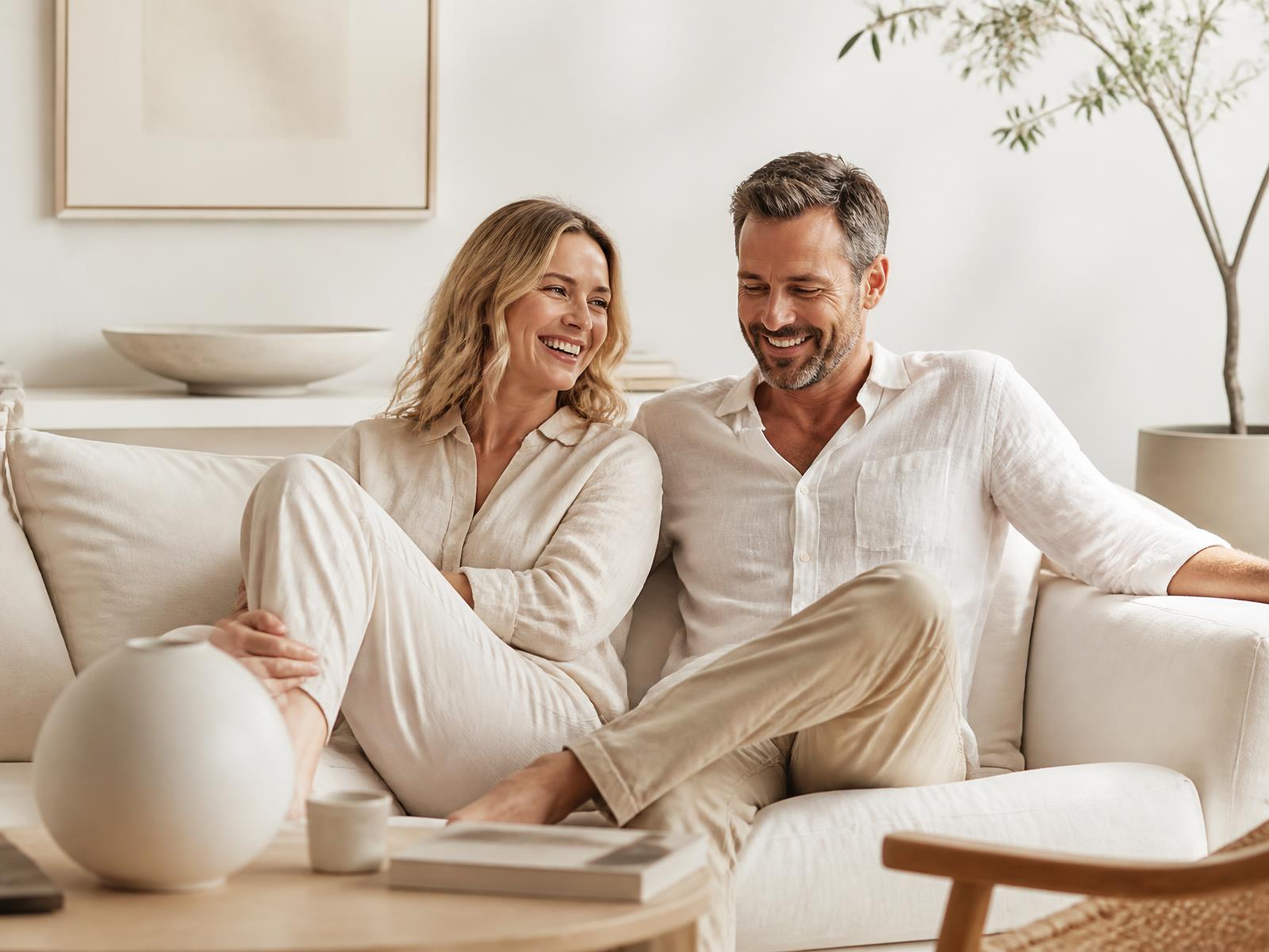 Casal relaxado em casa, numa sala luminosa